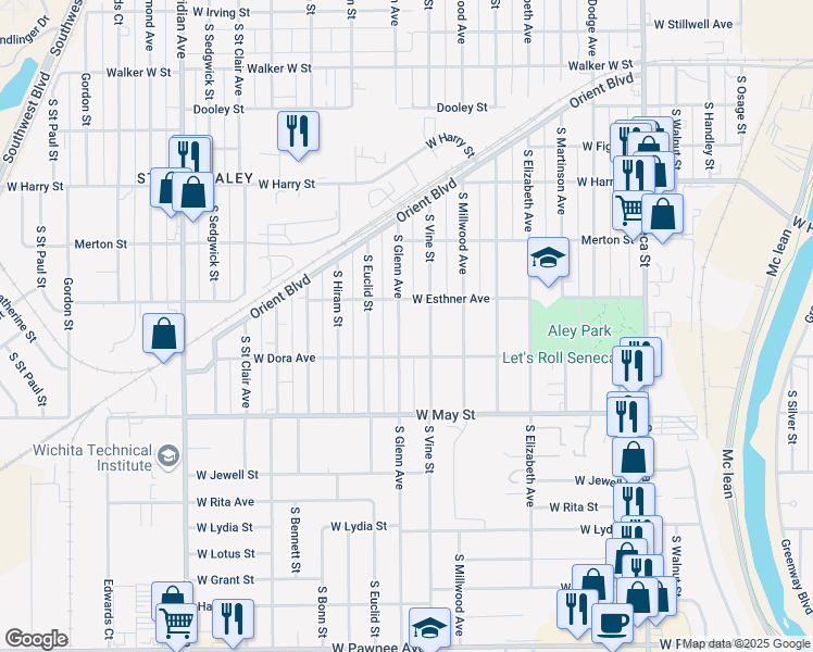 map of restaurants, bars, coffee shops, grocery stores, and more near 1808 South Glenn Avenue in Wichita