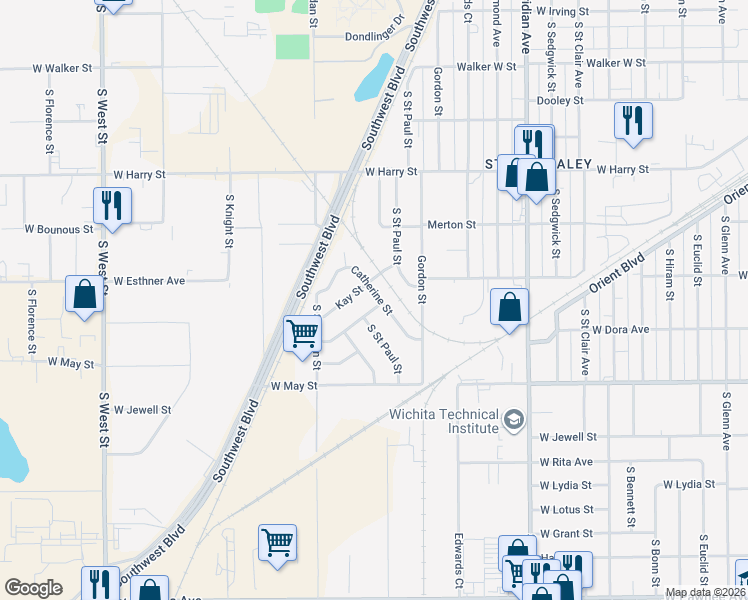 map of restaurants, bars, coffee shops, grocery stores, and more near 2955 Kay Street in Wichita