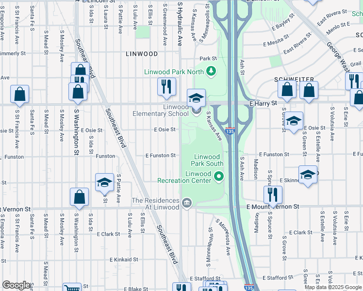 map of restaurants, bars, coffee shops, grocery stores, and more near 1700 South Hydraulic Avenue in Wichita
