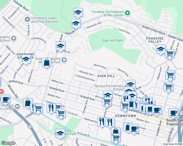 map of restaurants, bars, coffee shops, grocery stores, and more near 720 Almond Avenue in South San Francisco