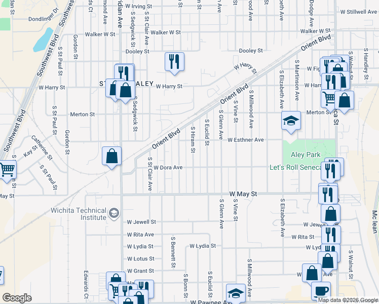 map of restaurants, bars, coffee shops, grocery stores, and more near 1805 South Hiram Street in Wichita