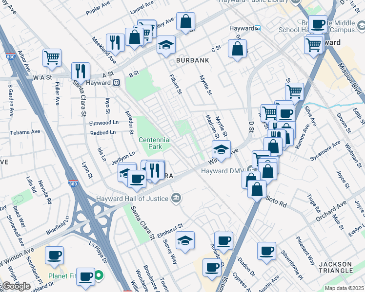 map of restaurants, bars, coffee shops, grocery stores, and more near 622 Moss Way in Hayward