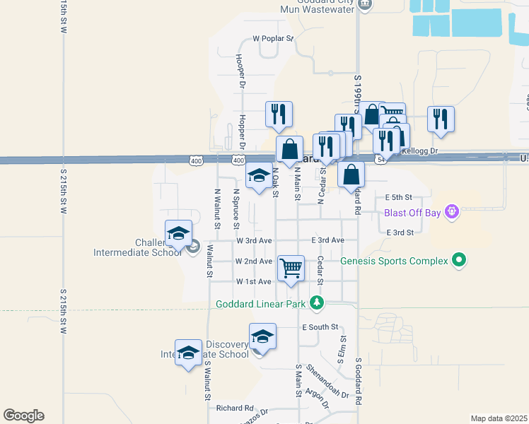 map of restaurants, bars, coffee shops, grocery stores, and more near 501 Oak Street in Goddard