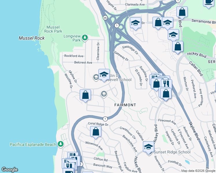 map of restaurants, bars, coffee shops, grocery stores, and more near 1189 Skyline Drive in Daly City