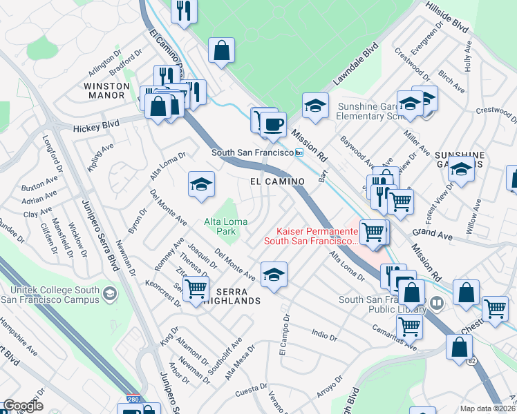 map of restaurants, bars, coffee shops, grocery stores, and more near 21 Amaryllis Court in South San Francisco
