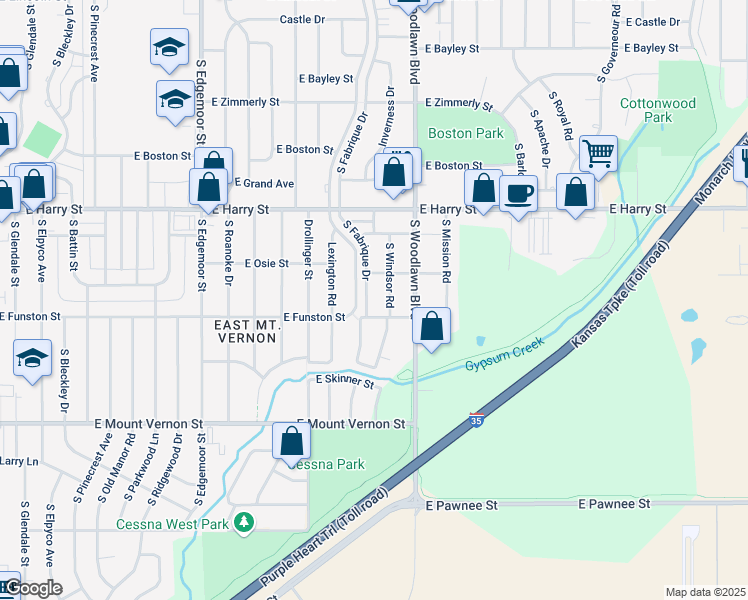 map of restaurants, bars, coffee shops, grocery stores, and more near 1727 South Fabrique Drive in Wichita