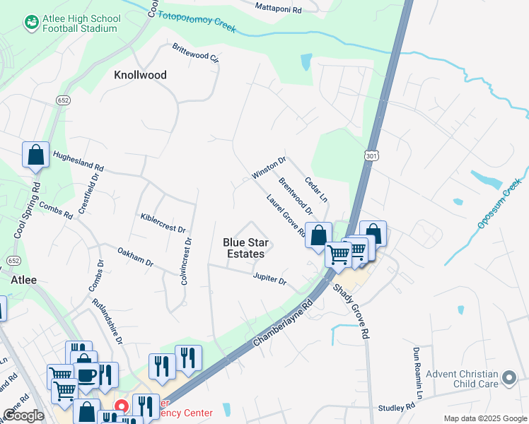 map of restaurants, bars, coffee shops, grocery stores, and more near 9351 Laurel Grove Road in Mechanicsville