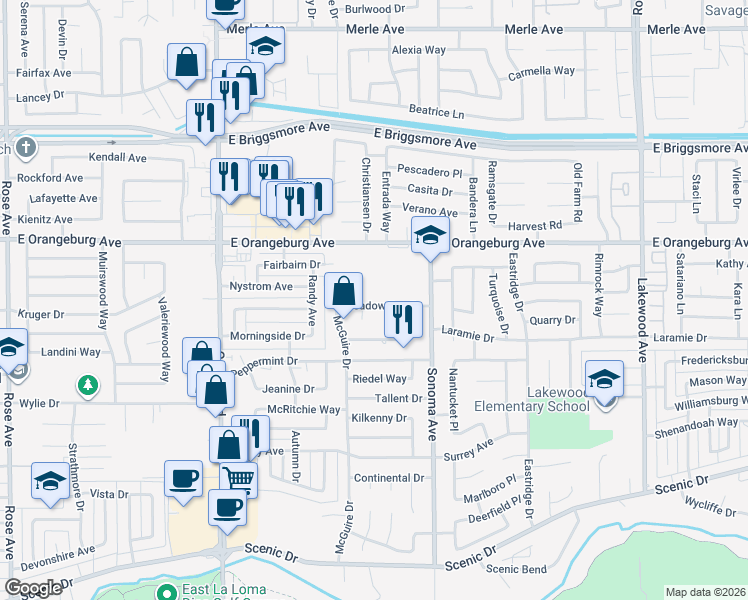map of restaurants, bars, coffee shops, grocery stores, and more near 2425 Meadow Rue Drive in Modesto