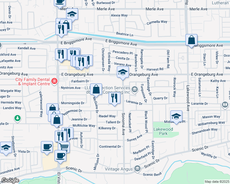 map of restaurants, bars, coffee shops, grocery stores, and more near 2509 Meadow Rue Drive in Modesto