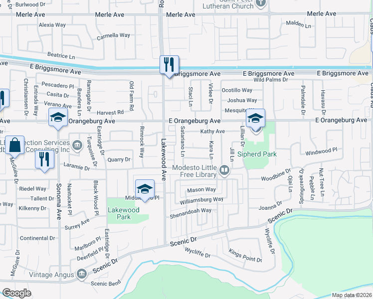 map of restaurants, bars, coffee shops, grocery stores, and more near 1304 Satariano Lane in Modesto