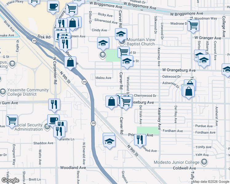 map of restaurants, bars, coffee shops, grocery stores, and more near 1732 Clayton Avenue in Modesto