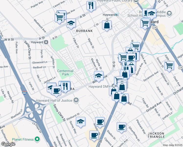 map of restaurants, bars, coffee shops, grocery stores, and more near 681 Macabee Way in Hayward