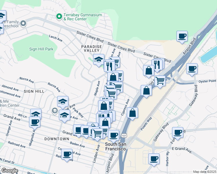 map of restaurants, bars, coffee shops, grocery stores, and more near 849 Olive Avenue in South San Francisco