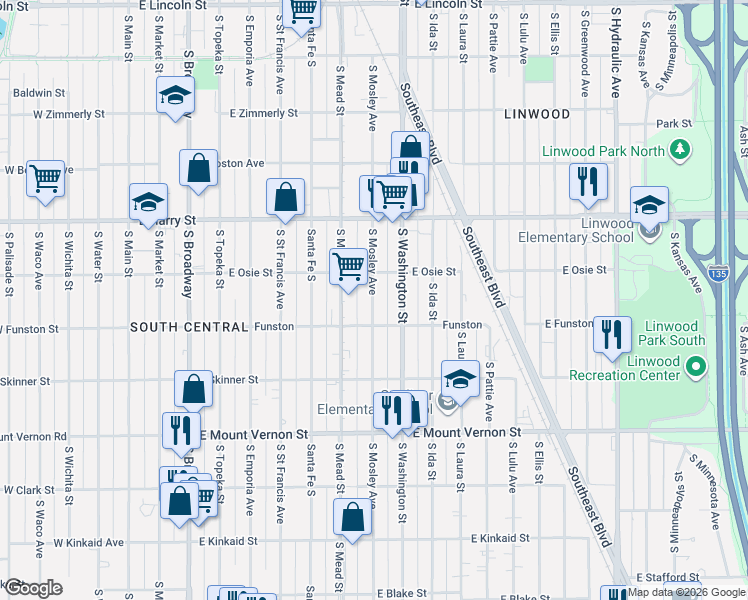 map of restaurants, bars, coffee shops, grocery stores, and more near 1718 South Mosley Street in Wichita