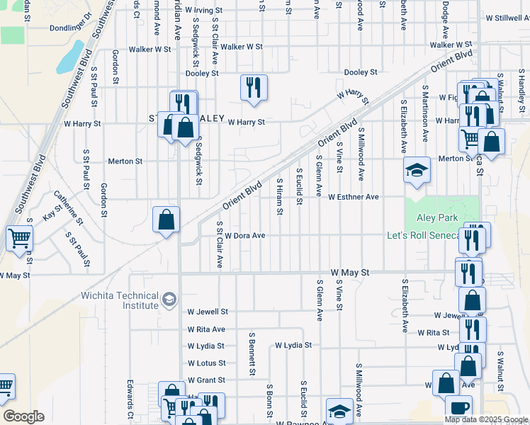 map of restaurants, bars, coffee shops, grocery stores, and more near 1807 South Bonn Avenue in Wichita