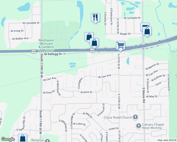 map of restaurants, bars, coffee shops, grocery stores, and more near 11222 Carr Court in Wichita