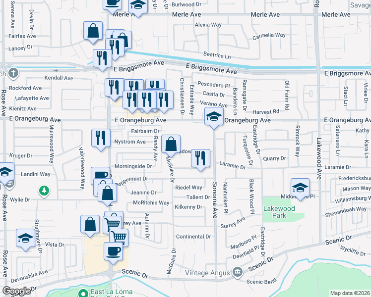 map of restaurants, bars, coffee shops, grocery stores, and more near 2425 Meadow Rue Drive in Modesto