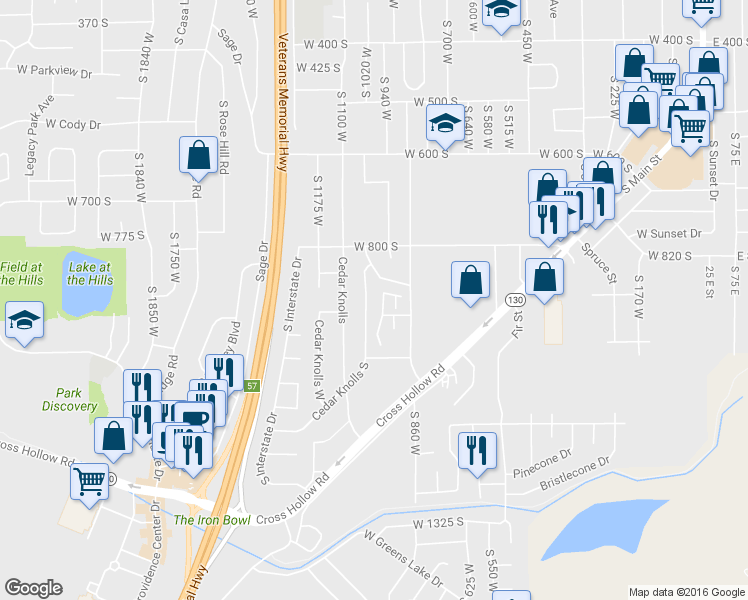 map of restaurants, bars, coffee shops, grocery stores, and more near 895 3 Fountains Drive in Cedar City