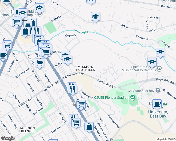 map of restaurants, bars, coffee shops, grocery stores, and more near 1151 Overlook Avenue in Hayward