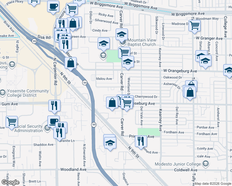 map of restaurants, bars, coffee shops, grocery stores, and more near 1732 Clayton Avenue in Modesto