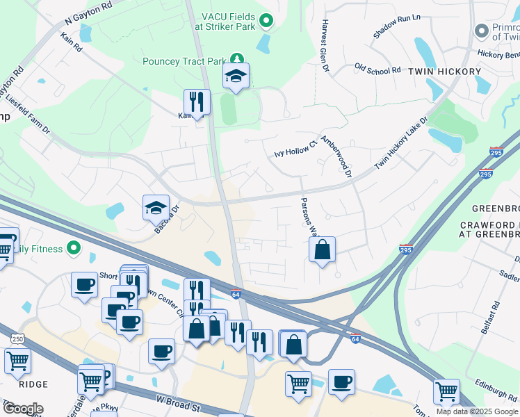 map of restaurants, bars, coffee shops, grocery stores, and more near 4545 Pouncey Tract Road in Glen Allen