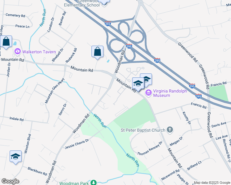 map of restaurants, bars, coffee shops, grocery stores, and more near 2015 Mountain Gate Lane in Glen Allen
