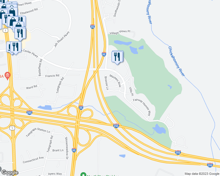 map of restaurants, bars, coffee shops, grocery stores, and more near 9421 Links Lane in Glen Allen
