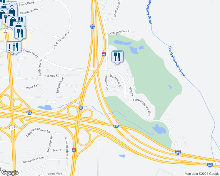 map of restaurants, bars, coffee shops, grocery stores, and more near 9421 Links Lane in Glen Allen