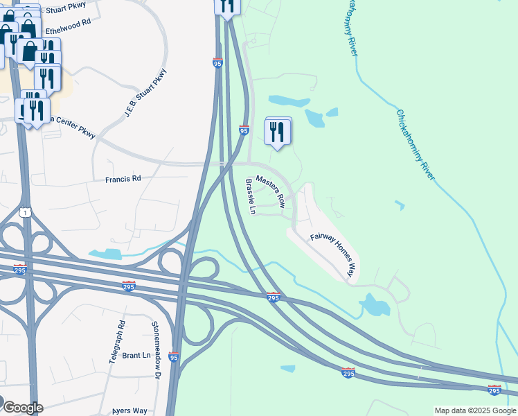 map of restaurants, bars, coffee shops, grocery stores, and more near 9421 Links Lane in Glen Allen