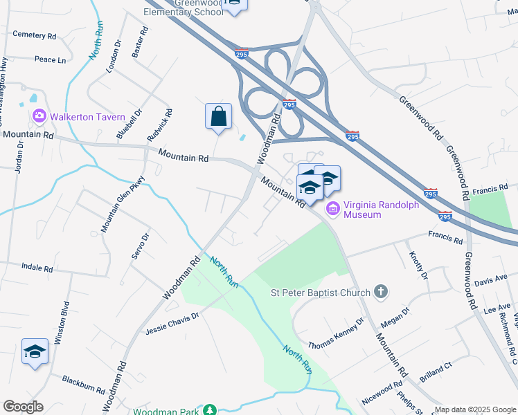 map of restaurants, bars, coffee shops, grocery stores, and more near 2015 Mountain Gate Lane in Glen Allen