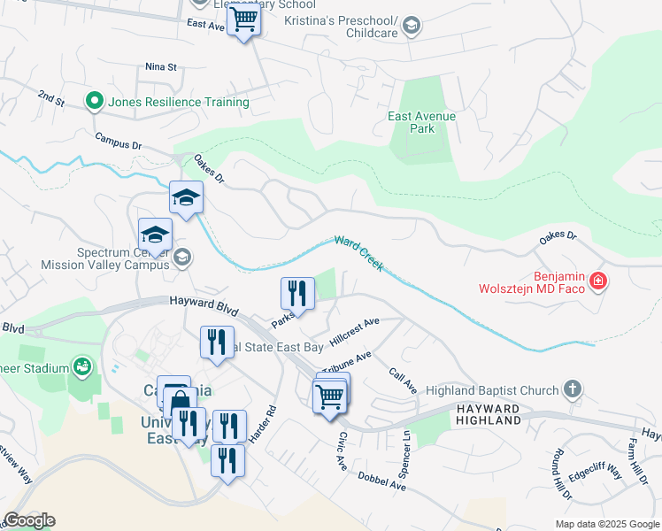 map of restaurants, bars, coffee shops, grocery stores, and more near 26192 Parkside Drive in Hayward