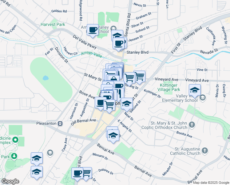 map of restaurants, bars, coffee shops, grocery stores, and more near 610 Main Street in Pleasanton