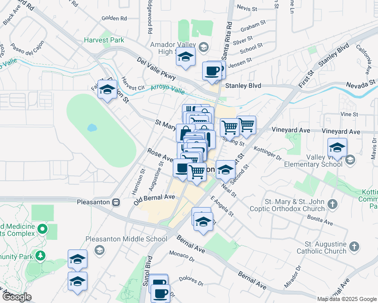 map of restaurants, bars, coffee shops, grocery stores, and more near 344 Division Street in Pleasanton