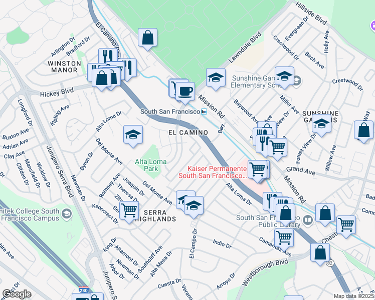 map of restaurants, bars, coffee shops, grocery stores, and more near 8 Miltonia Drive in South San Francisco