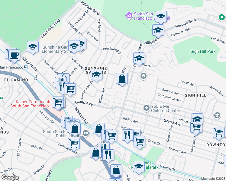 map of restaurants, bars, coffee shops, grocery stores, and more near 328 Susie Way in South San Francisco