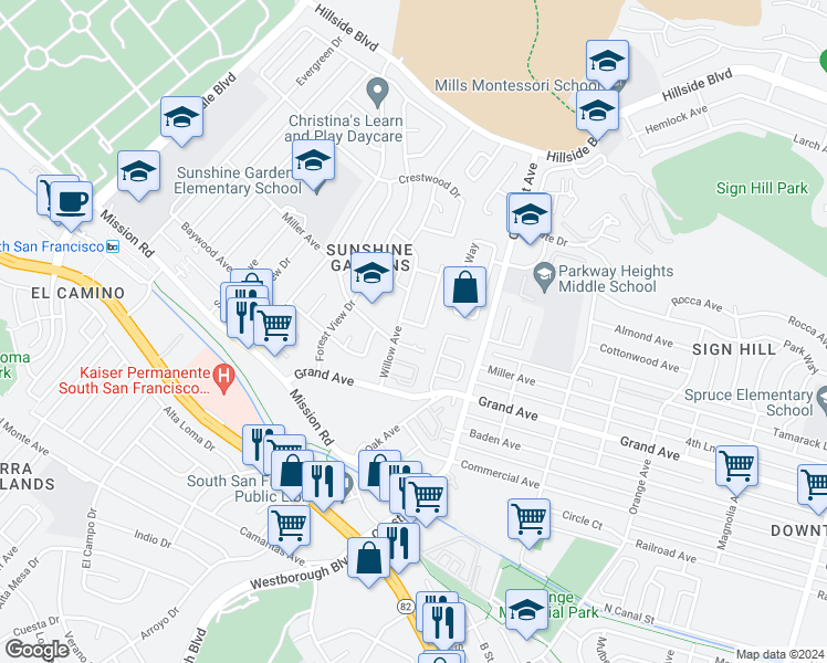 map of restaurants, bars, coffee shops, grocery stores, and more near 975 Nora Way in South San Francisco