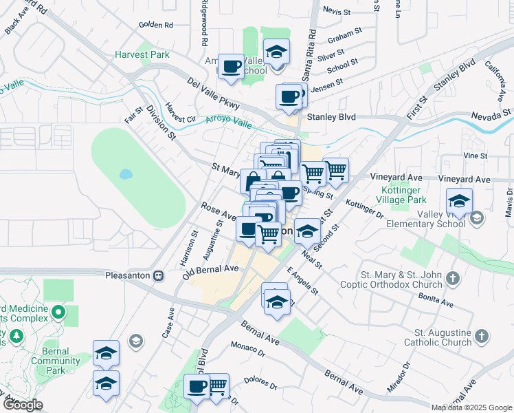 map of restaurants, bars, coffee shops, grocery stores, and more near 344 Division Street in Pleasanton