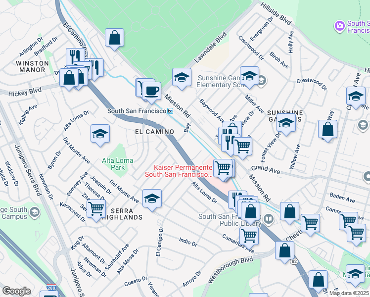 map of restaurants, bars, coffee shops, grocery stores, and more near 1400 El Camino Real in South San Francisco