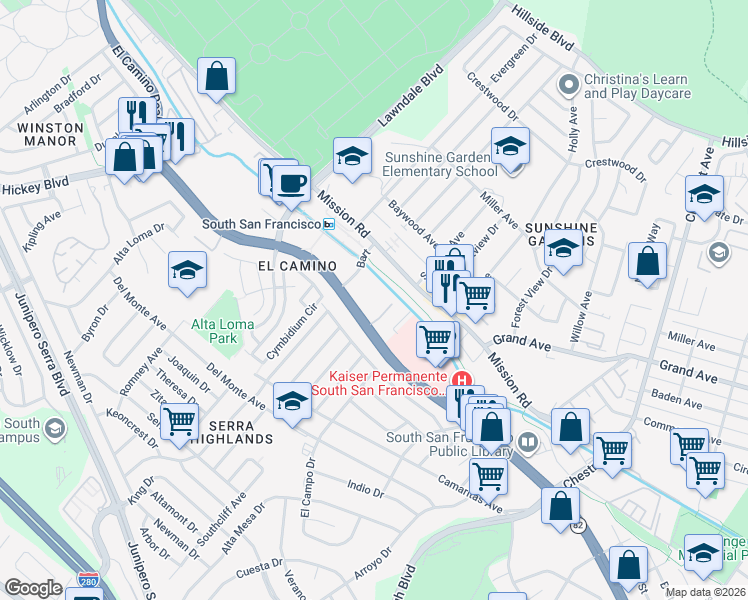 map of restaurants, bars, coffee shops, grocery stores, and more near 1383 El Camino Real in South San Francisco