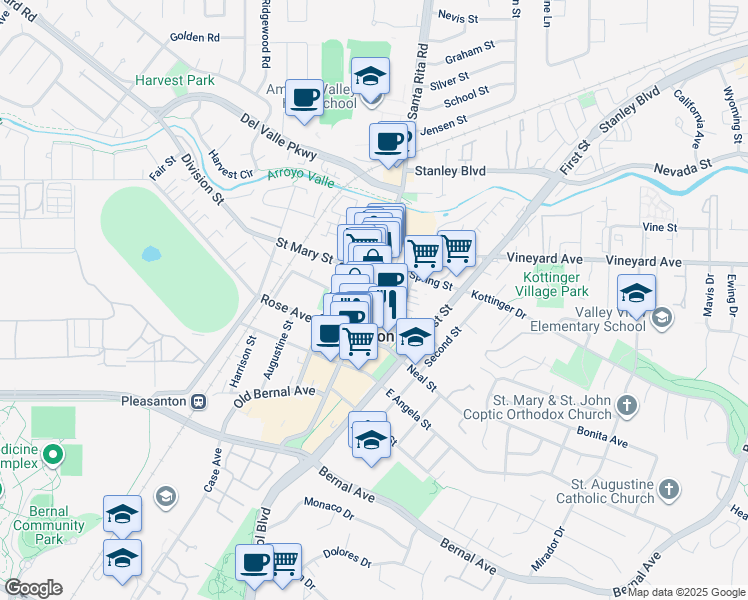 map of restaurants, bars, coffee shops, grocery stores, and more near 610 Main Street in Pleasanton