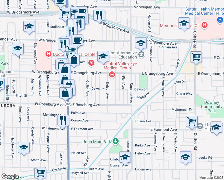 map of restaurants, bars, coffee shops, grocery stores, and more near 1312 Melrose Avenue in Modesto