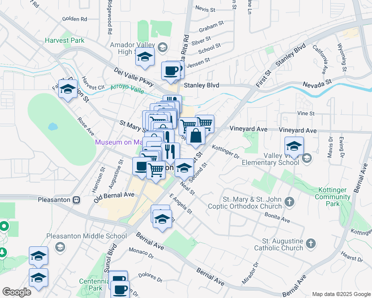 map of restaurants, bars, coffee shops, grocery stores, and more near 4319A Railroad Avenue in Pleasanton