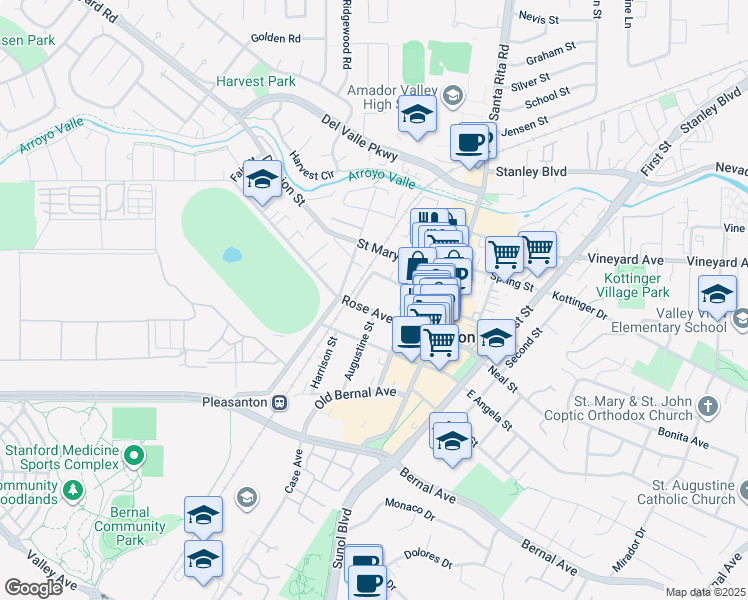 map of restaurants, bars, coffee shops, grocery stores, and more near 460 Division Street in Pleasanton
