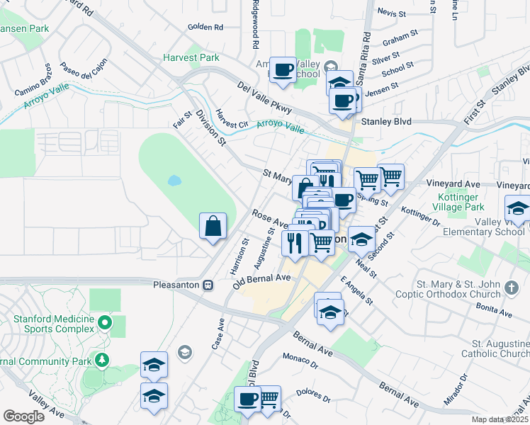 map of restaurants, bars, coffee shops, grocery stores, and more near 4482 Pleasanton Avenue in Pleasanton