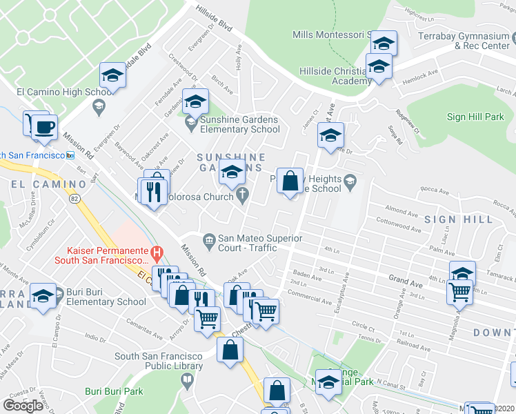 map of restaurants, bars, coffee shops, grocery stores, and more near 307 Willow Avenue in South San Francisco