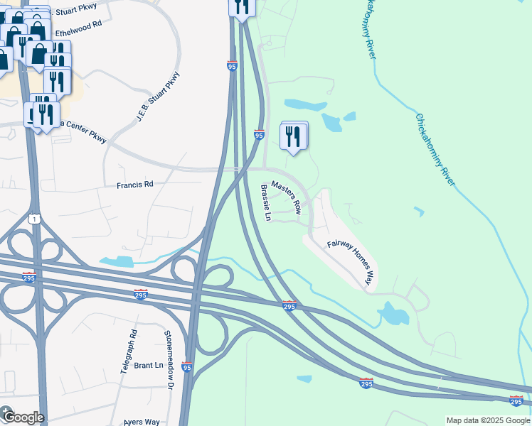 map of restaurants, bars, coffee shops, grocery stores, and more near 830 Brassie Lane in Glen Allen