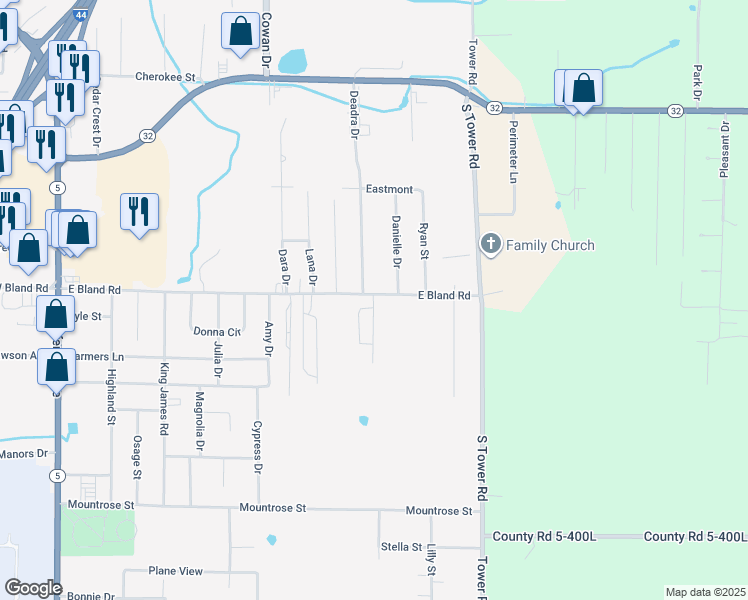 map of restaurants, bars, coffee shops, grocery stores, and more near 1549 Danielle Drive in Lebanon