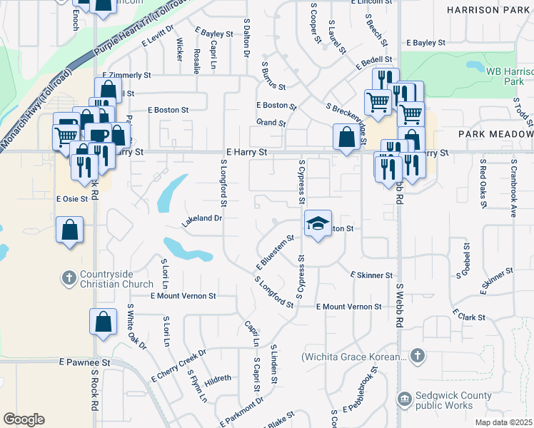 map of restaurants, bars, coffee shops, grocery stores, and more near 1717 South Cypress Street in Wichita