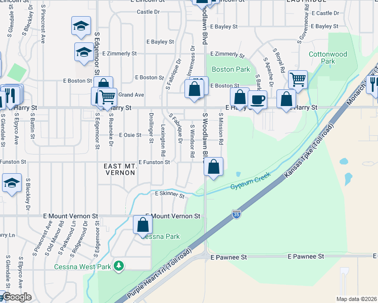 map of restaurants, bars, coffee shops, grocery stores, and more near 1714 Windsor Street in Wichita