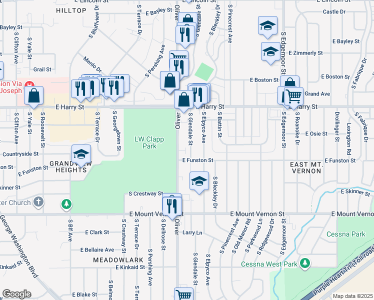 map of restaurants, bars, coffee shops, grocery stores, and more near 1671 South Glendale Street in Wichita